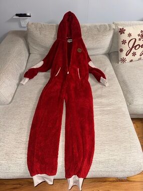 Tipsy Elves Red Plush Hooded Kids One-Piece Footie